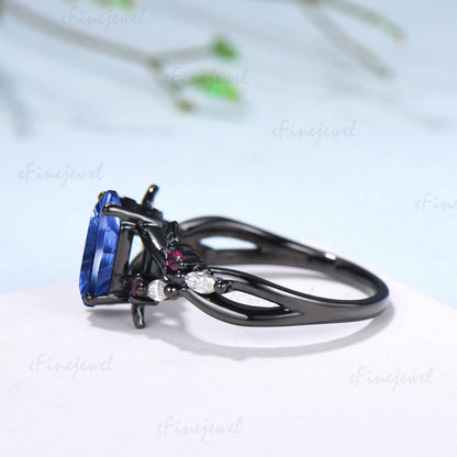 Hexagon Shaped Fantasy Cut Sapphire Split Shank Engagement Ring Ruby Moissanite Accent Ring
