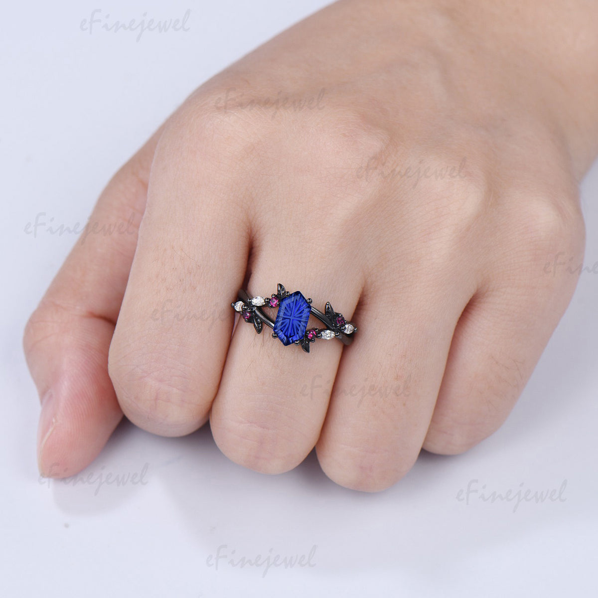 Hexagon Shaped Fantasy Cut Sapphire Split Shank Engagement Ring Ruby Moissanite Accent Ring