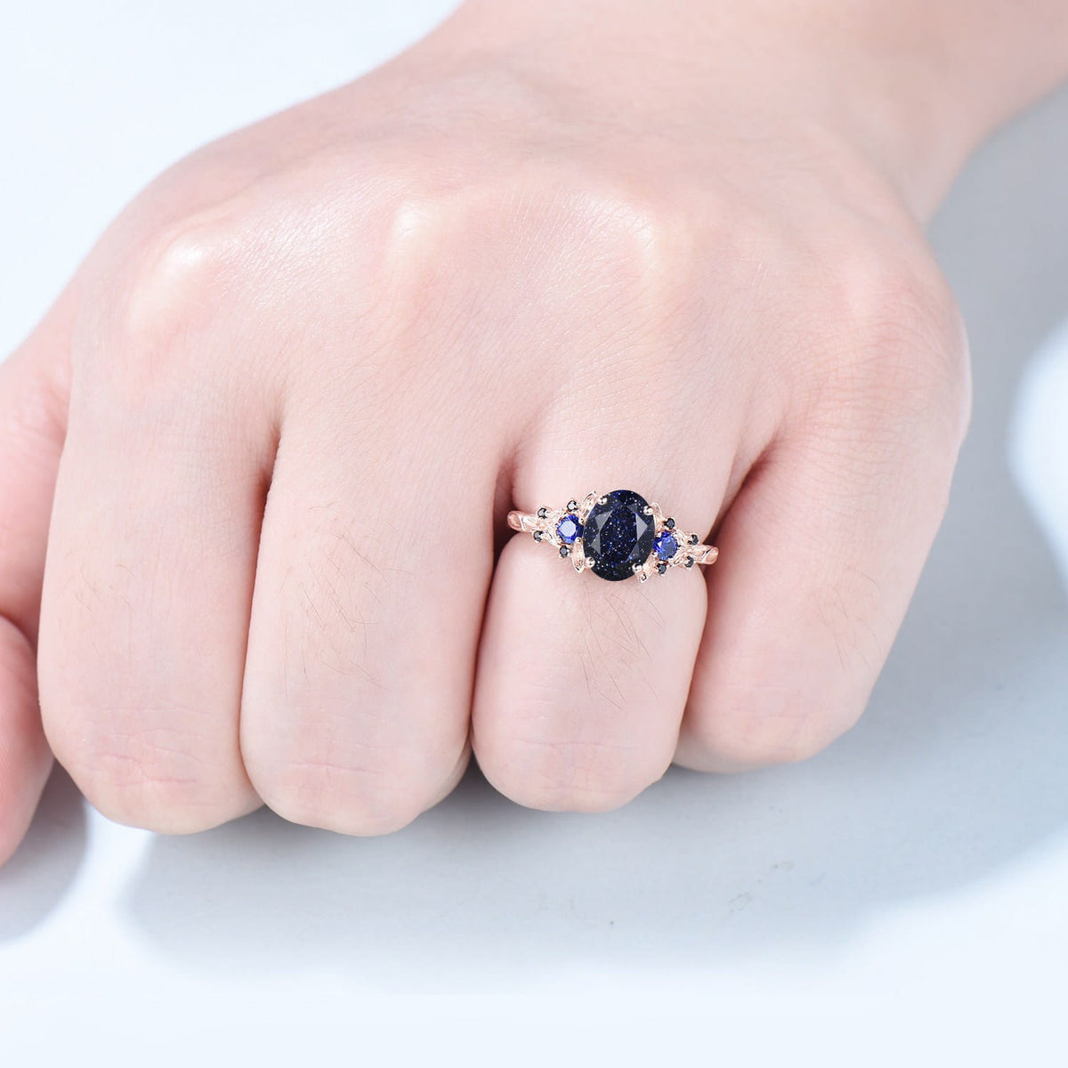 1.5CT Oval Star Blue Sandstone Ring Nature Inspired Leaf Band Celestial Galaxy Cluster Sapphire Jewelry