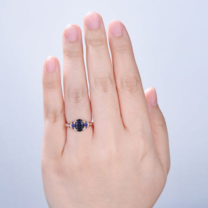 1.5CT Oval Star Blue Sandstone Ring Nature Inspired Leaf Band Celestial Galaxy Cluster Sapphire Jewelry