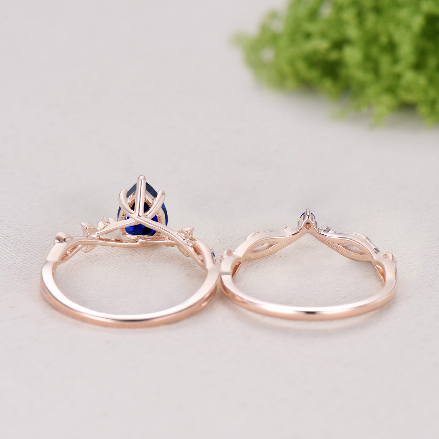 Pear Shaped Blue Sapphire Engagement Ring Set, Moon Star Wedding Bridal Set