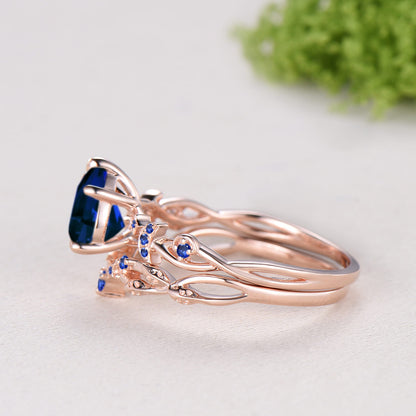 Pear Shaped Blue Sapphire Engagement Ring Set, Moon Star Wedding Bridal Set