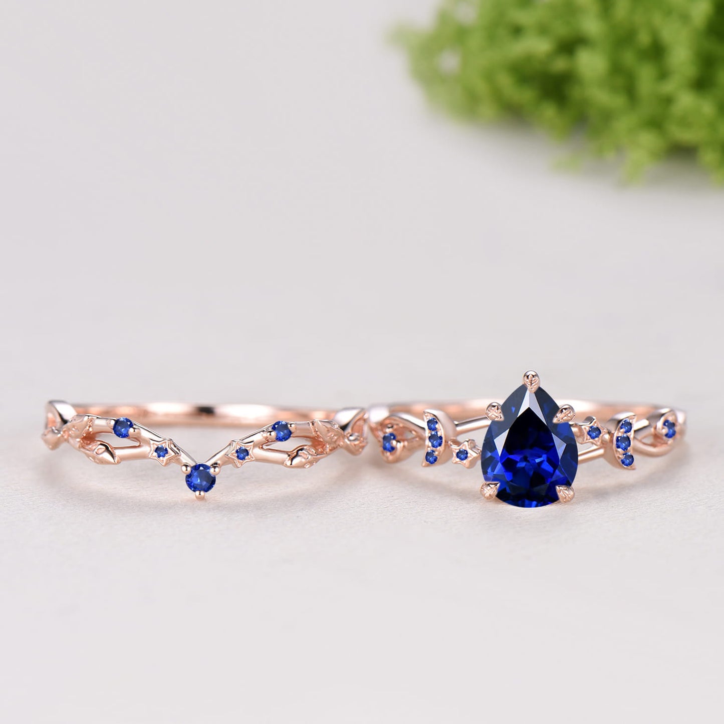 Pear Shaped Blue Sapphire Engagement Ring Set, Moon Star Wedding Bridal Set