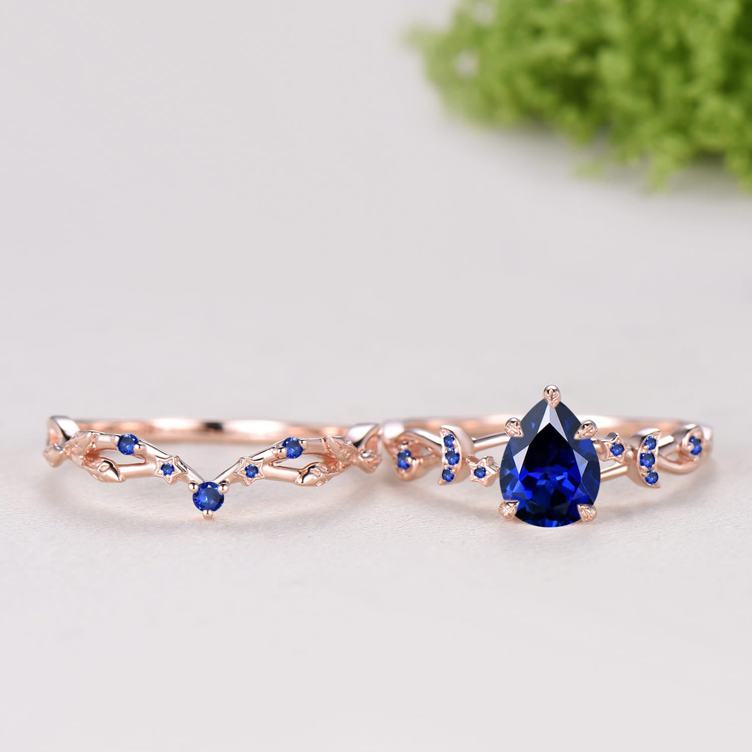 Pear Shaped Blue Sapphire Engagement Ring Set, Moon Star Wedding Bridal Set