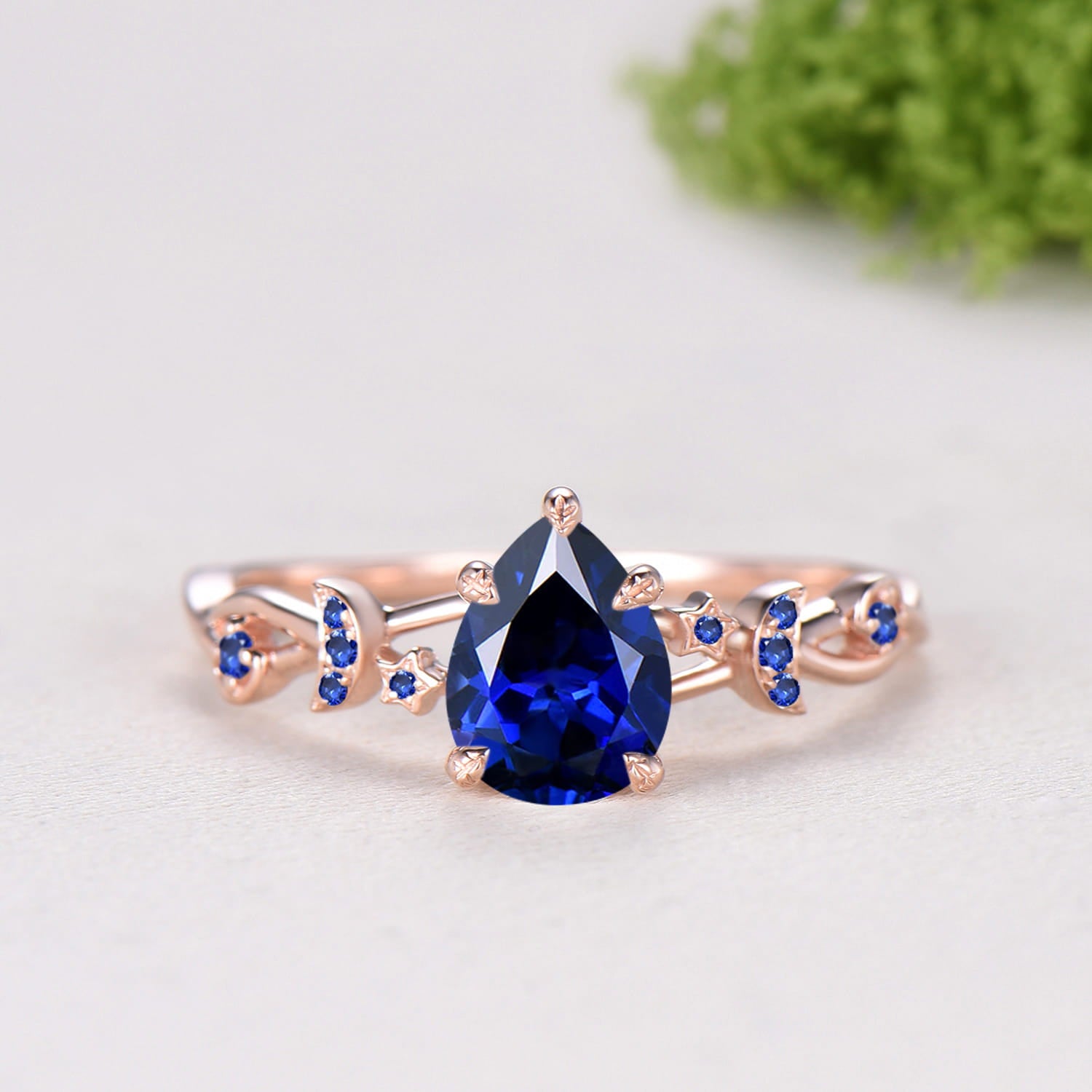 Pear Shaped Blue Sapphire Engagement Ring Set, Moon Star Wedding Bridal Set