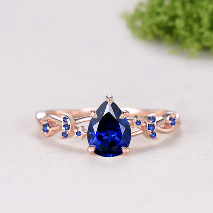 Pear Shaped Blue Sapphire Engagement Ring Set, Moon Star Wedding Bridal Set