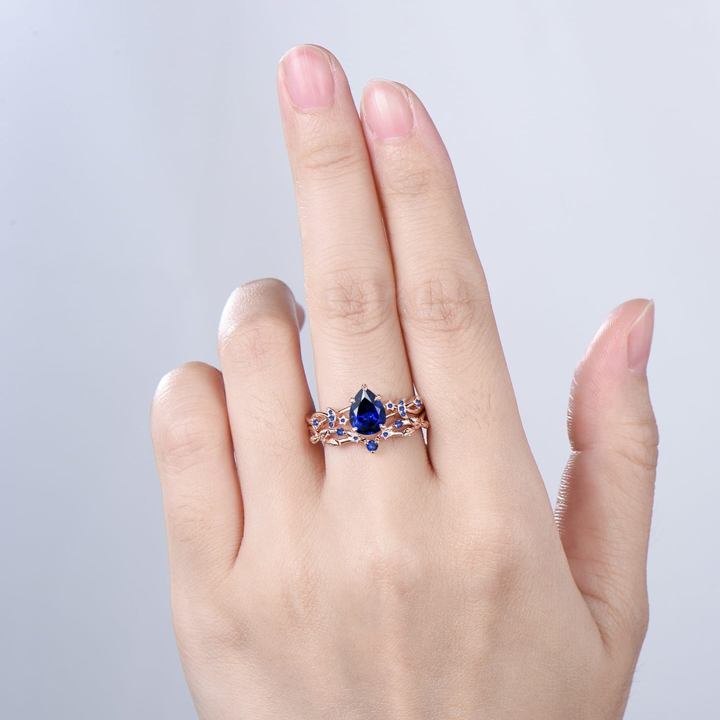 Pear Shaped Blue Sapphire Engagement Ring Set, Moon Star Wedding Bridal Set