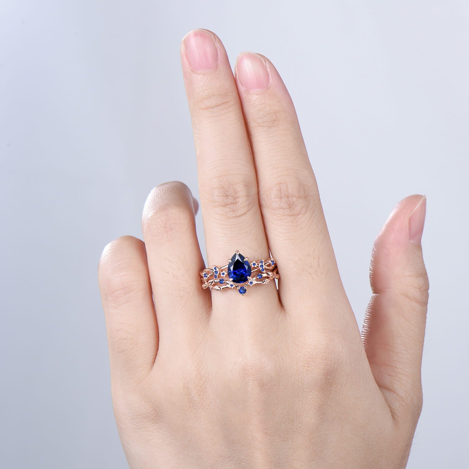 Pear Shaped Blue Sapphire Engagement Ring Set, Moon Star Wedding Bridal Set