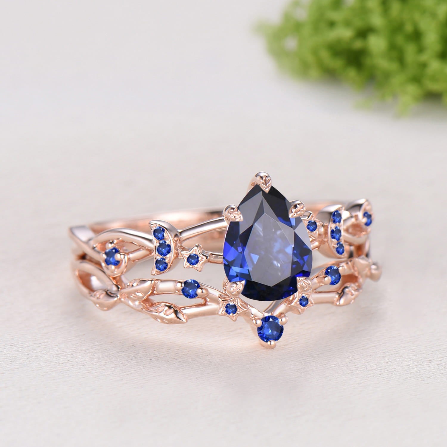 Pear Shaped Blue Sapphire Engagement Ring Set, Moon Star Wedding Bridal Set