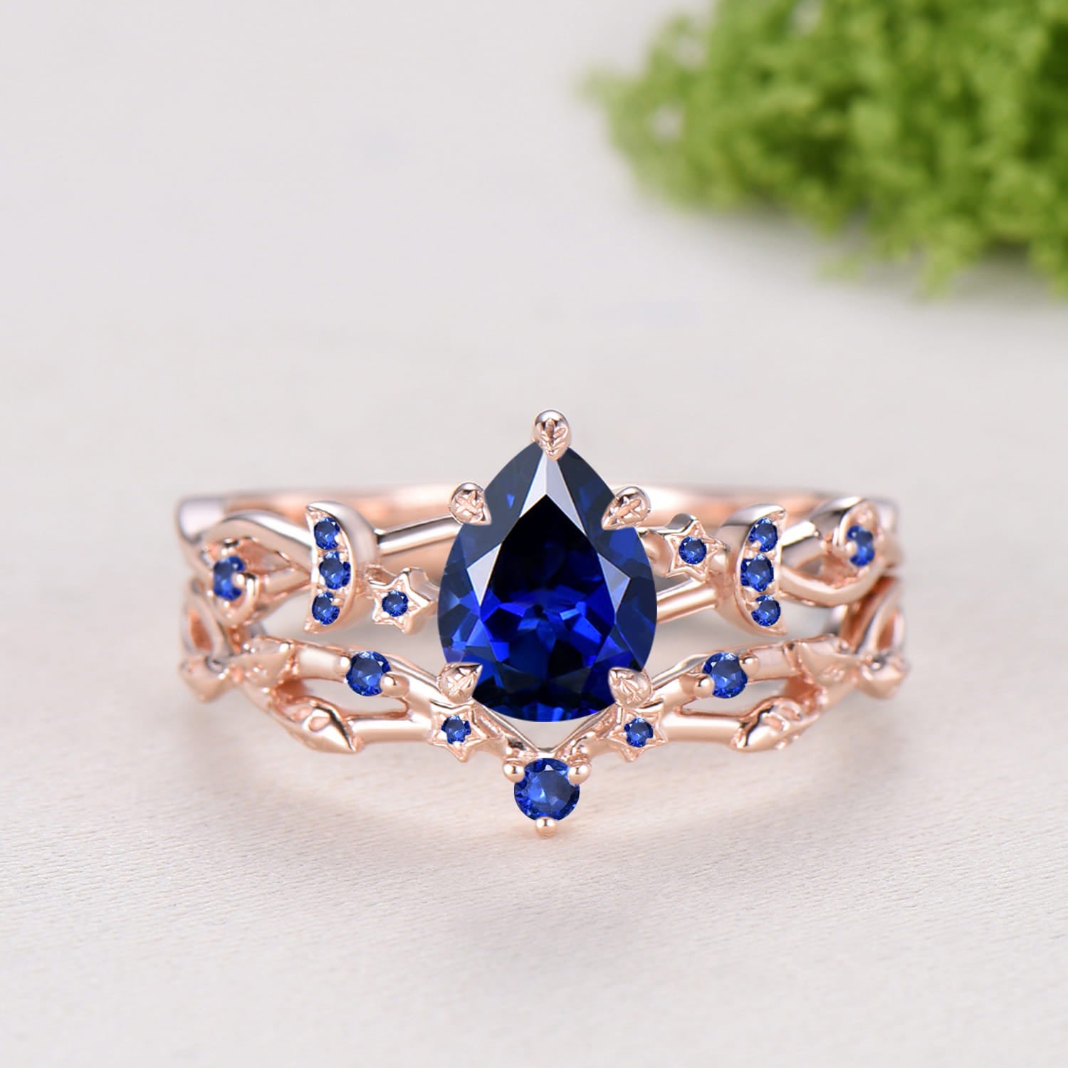 Pear Shaped Blue Sapphire Engagement Ring Set, Moon Star Wedding Bridal Set