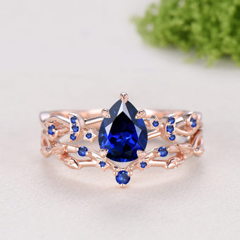 Pear Shaped Blue Sapphire Engagement Ring Set, Moon Star Wedding Bridal Set