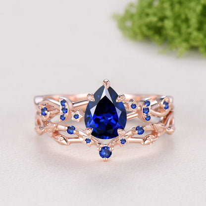 Pear Shaped Blue Sapphire Engagement Ring Set, Moon Star Wedding Bridal Set