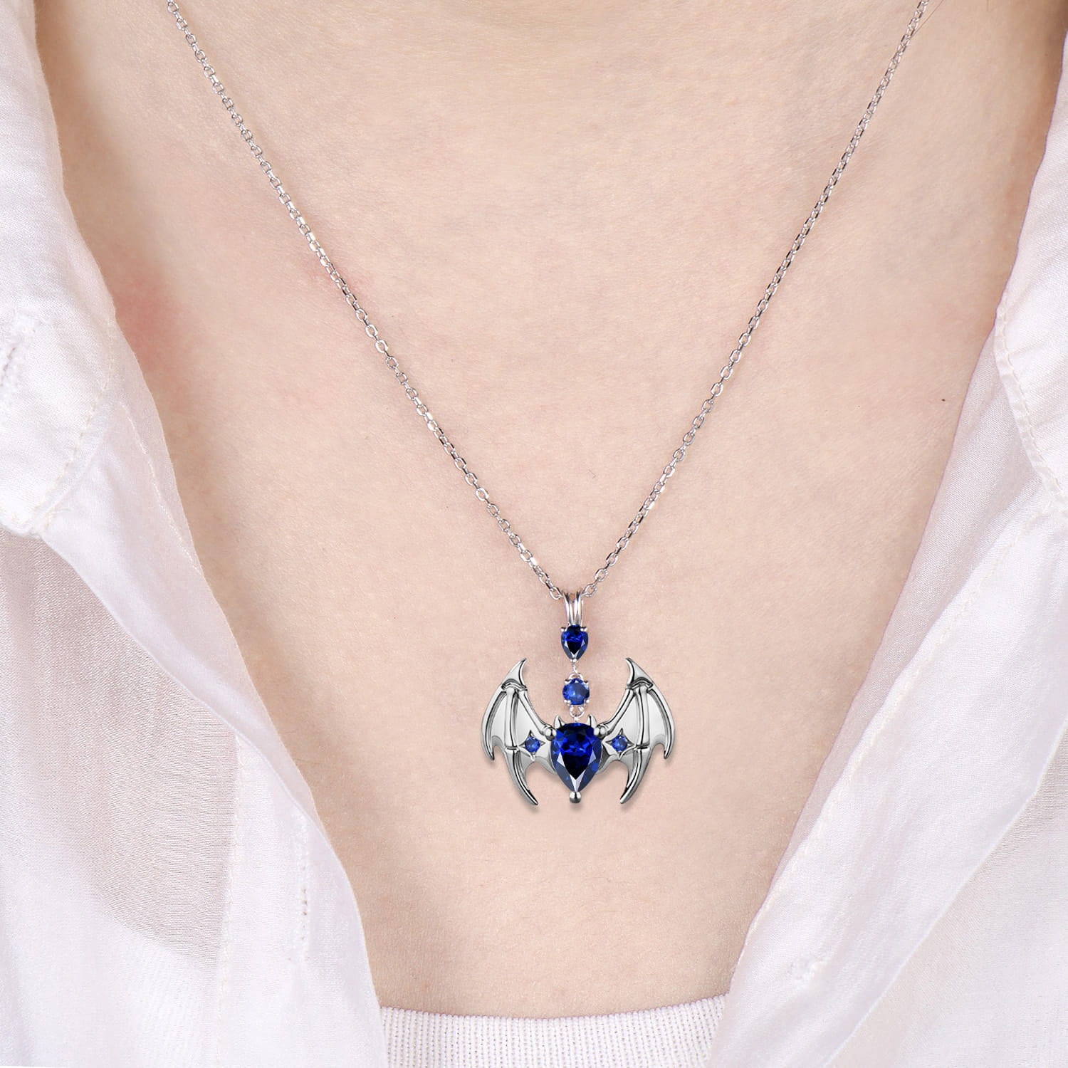 Gothic Bat Sapphire Necklace, Pear Cut Blue Sapphire Pendant, Vampire Bat Wings Jewelry, Dark Academia Charm, Halloween Gift for Her