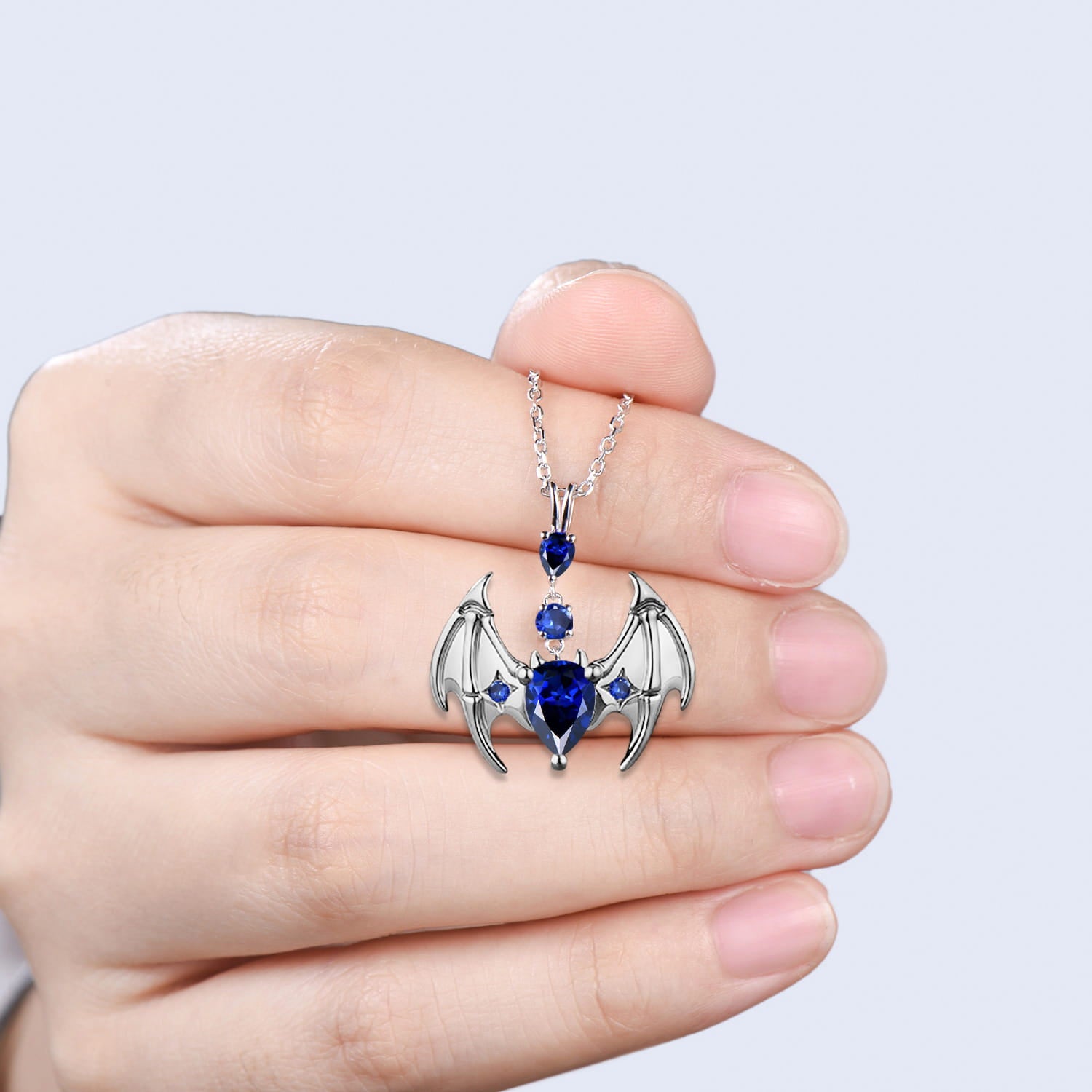 Gothic Bat Sapphire Necklace, Pear Cut Blue Sapphire Pendant, Vampire Bat Wings Jewelry, Dark Academia Charm, Halloween Gift for Her