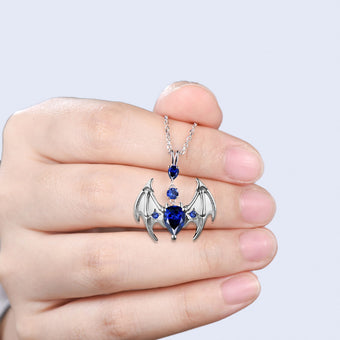 Gothic Bat Sapphire Necklace, Pear Cut Blue Sapphire Pendant, Vampire Bat Wings Jewelry, Dark Academia Charm, Halloween Gift for Her