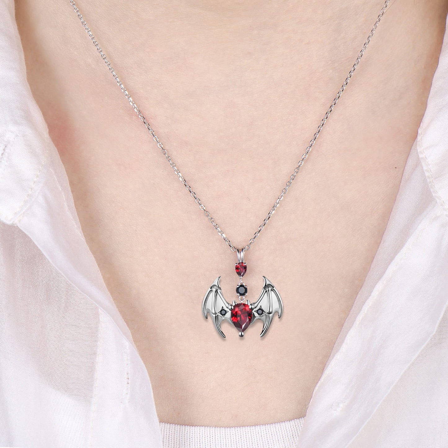 Gothic Bat Garnet Necklace, Pear Cut Red Garnet Pendant, Vampire Bat Wings Jewelry, Dark Academia Black Spinel Charm, Halloween Gift for Her