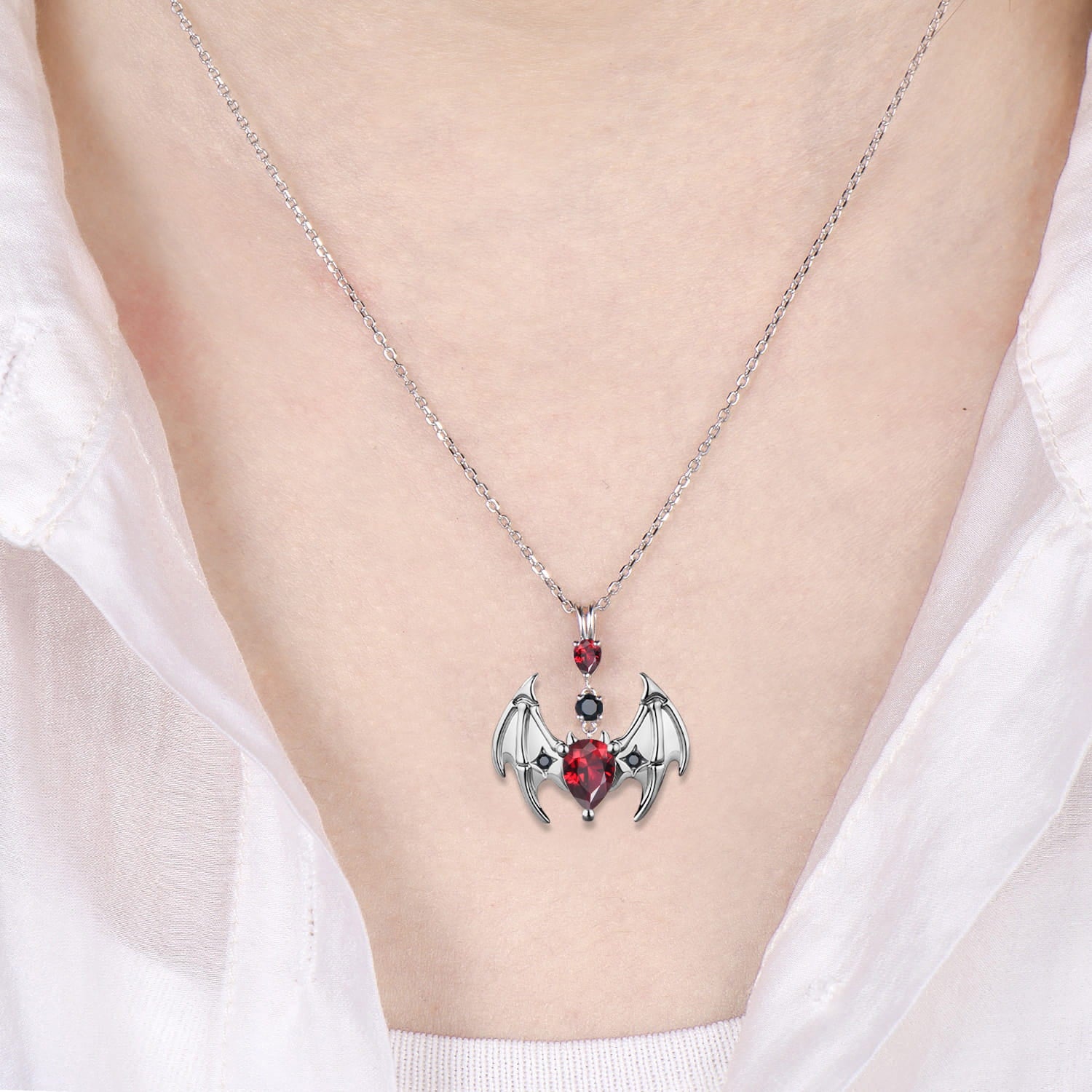 Gothic Bat Garnet Necklace, Pear Cut Red Garnet Pendant, Vampire Bat Wings Jewelry, Dark Academia Black Spinel Charm, Halloween Gift for Her