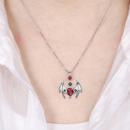 Gothic Bat Garnet Necklace, Pear Cut Red Garnet Pendant, Vampire Bat Wings Jewelry, Dark Academia Black Spinel Charm, Halloween Gift for Her