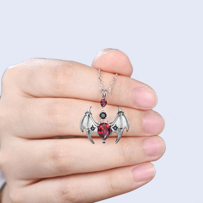 Gothic Bat Garnet Necklace, Pear Cut Red Garnet Pendant, Vampire Bat Wings Jewelry, Dark Academia Black Spinel Charm, Halloween Gift for Her
