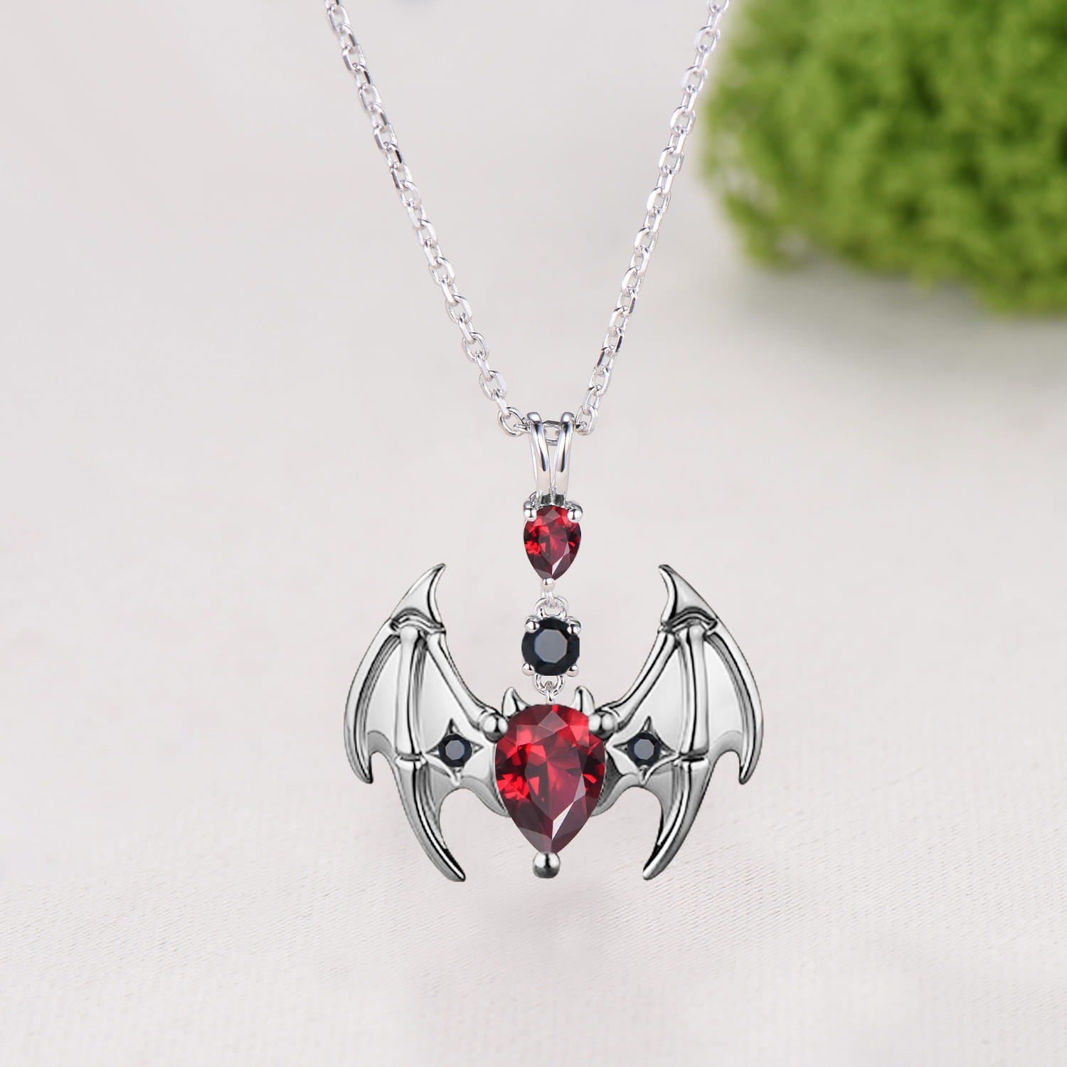 Gothic Bat Garnet Necklace, Pear Cut Red Garnet Pendant, Vampire Bat Wings Jewelry, Dark Academia Black Spinel Charm, Halloween Gift for Her