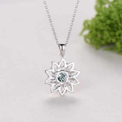 Vintage Sunflower Moss Agate Pendant Necklace, Spinner Design, Birthday Jewelry Gift