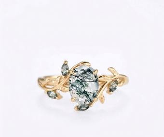 1.5CT oval cut green moss agate engagement ring 14K yellow gold, SIZE 7
