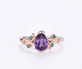 1.25CT Pear Amethyst Engagement Ring, Accent Emerald, 10k white gold, size 7.25