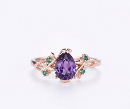 1.25CT Pear Amethyst Engagement Ring, Accent Emerald, 10k white gold, size 7.25