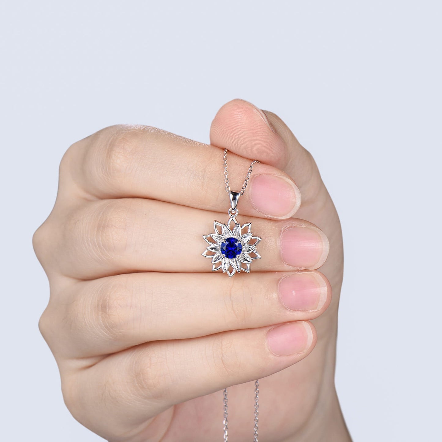 Round Sapphire Sunflower Pendant Necklace, Unique Lotus Floral Necklace, Lab Blue Sapphire Floral Jewelry, September Birthstone Gift for Her
