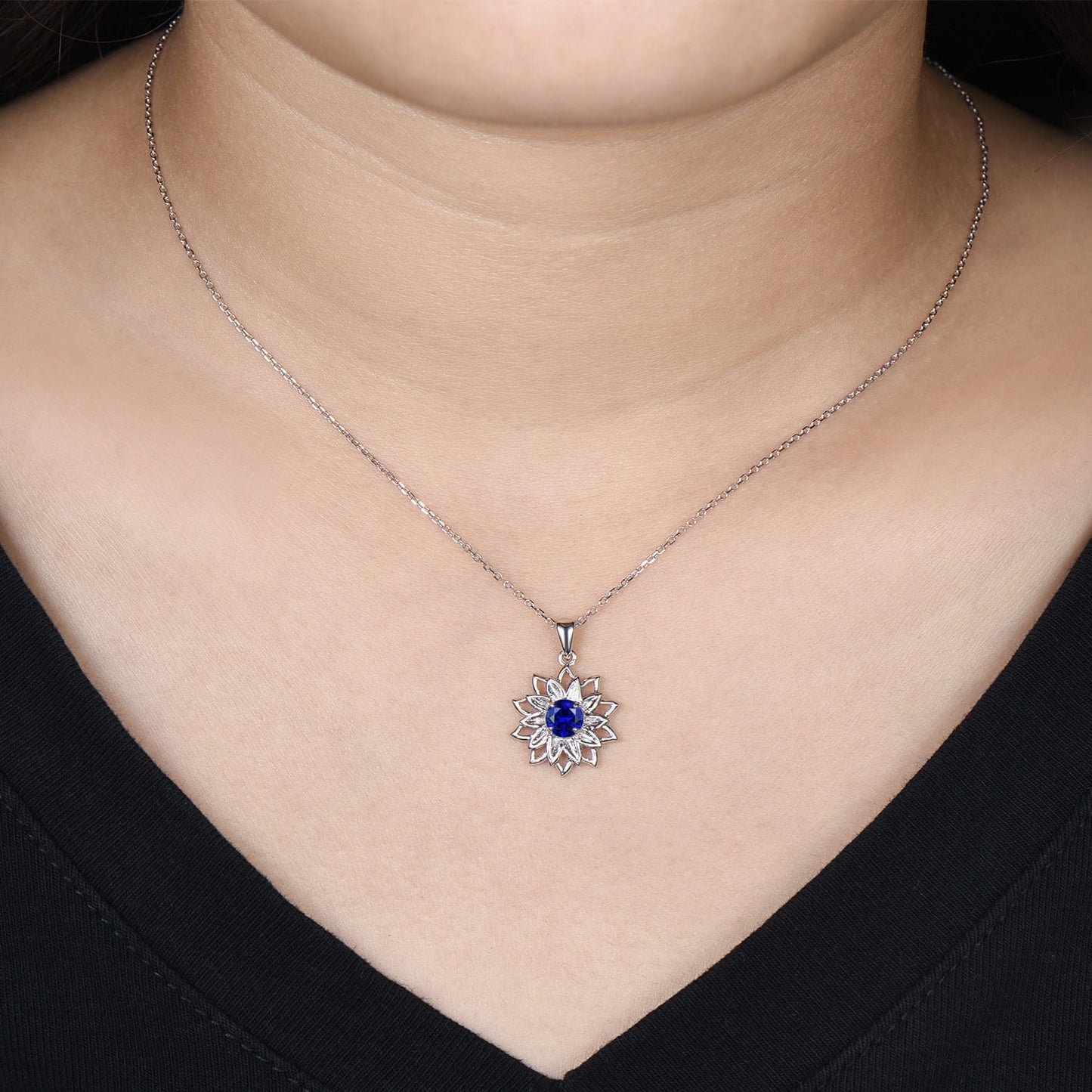 Round Sapphire Sunflower Pendant Necklace, Unique Lotus Floral Necklace, Lab Blue Sapphire Floral Jewelry, September Birthstone Gift for Her