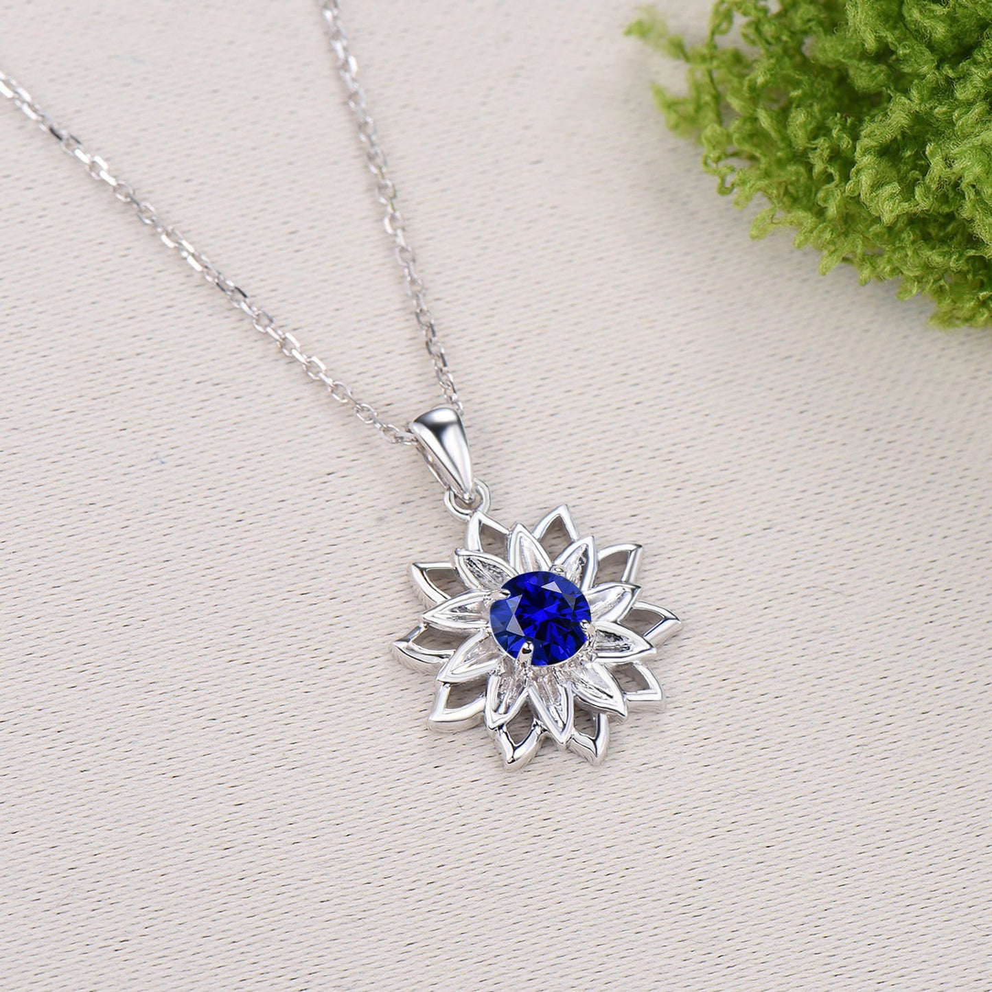 Round Sapphire Sunflower Pendant Necklace, Unique Lotus Floral Necklace, Lab Blue Sapphire Floral Jewelry, September Birthstone Gift for Her