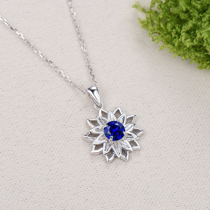 Round Sapphire Sunflower Pendant Necklace, Unique Lotus Floral Necklace, Lab Blue Sapphire Floral Jewelry, September Birthstone Gift for Her