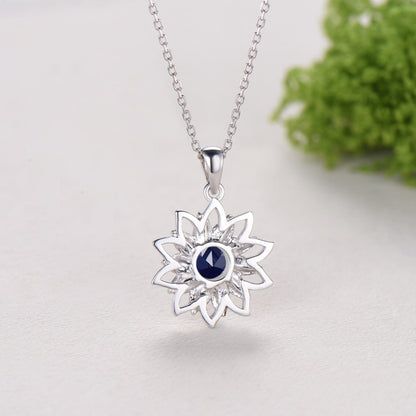 Round Sapphire Sunflower Pendant Necklace, Unique Lotus Floral Necklace, Lab Blue Sapphire Floral Jewelry, September Birthstone Gift for Her