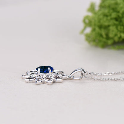 Round Sapphire Sunflower Pendant Necklace, Unique Lotus Floral Necklace, Lab Blue Sapphire Floral Jewelry, September Birthstone Gift for Her
