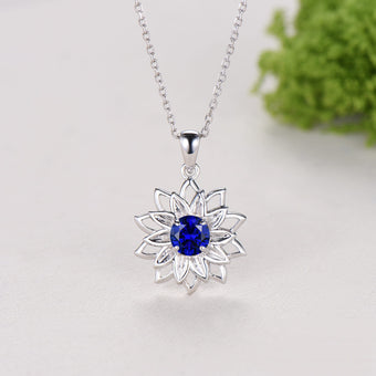 Round Sapphire Sunflower Pendant Necklace, Unique Lotus Floral Necklace, Lab Blue Sapphire Floral Jewelry, September Birthstone Gift for Her