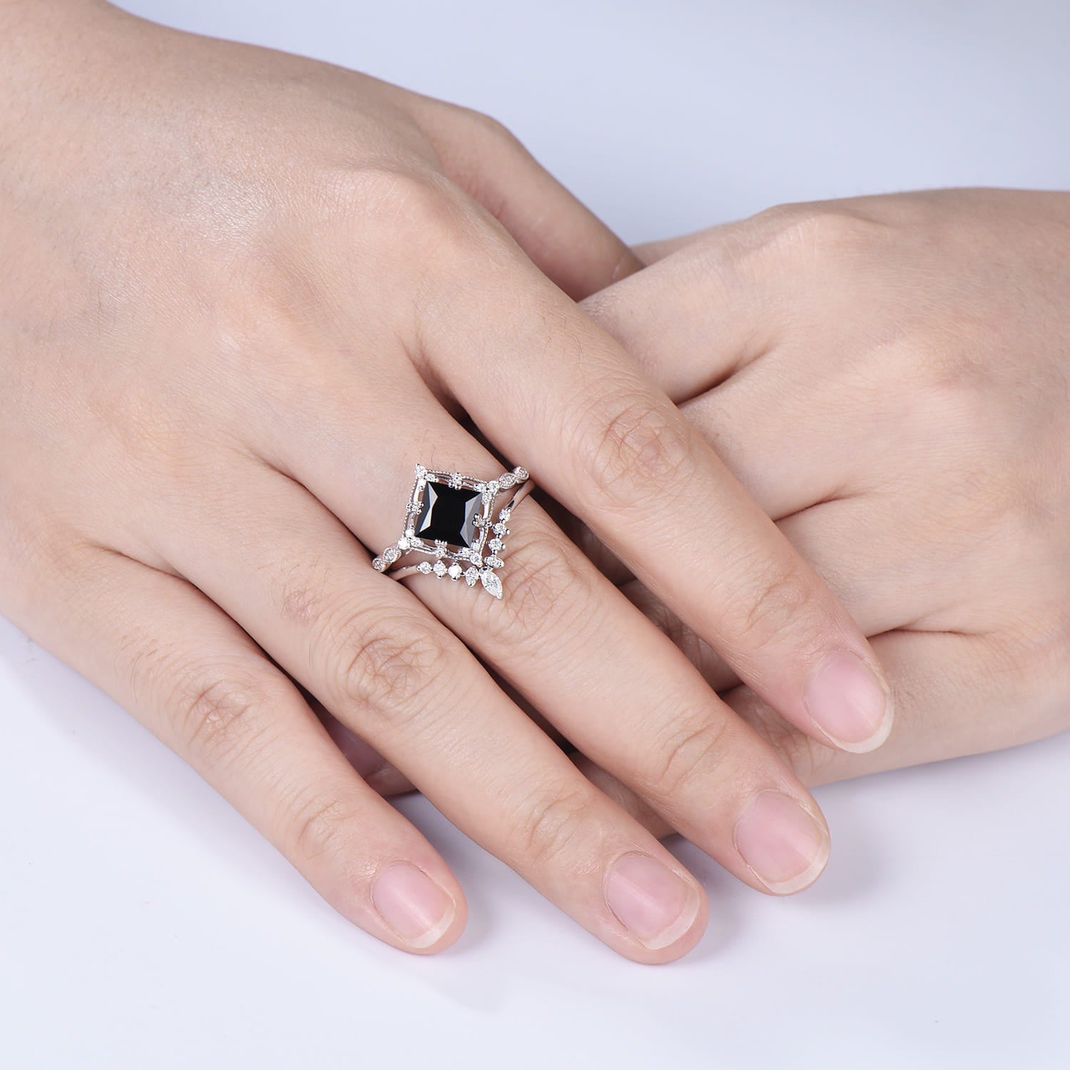 2CT Art deco princess cut black onyx engagement ring set