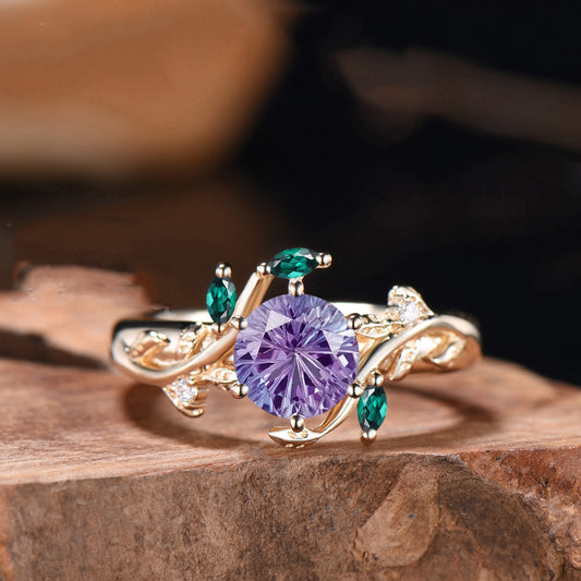 Alexandrite Engagement Ring, Marquise Gems, Twig Leaf Inspired, Handmade