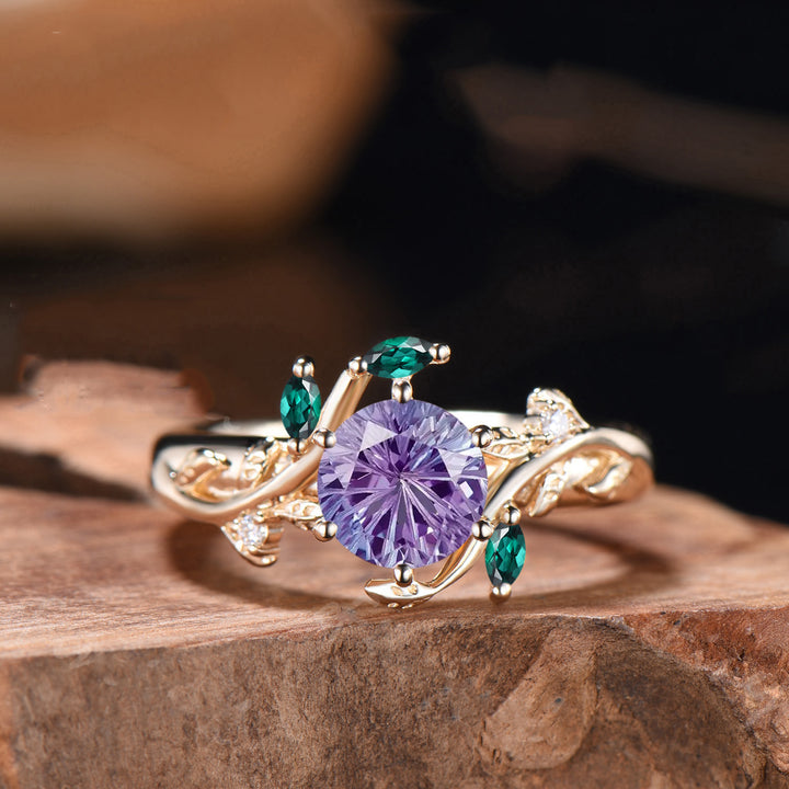 Alexandrite Engagement Ring, Marquise Gems, Twig Leaf Inspired, Handmade
