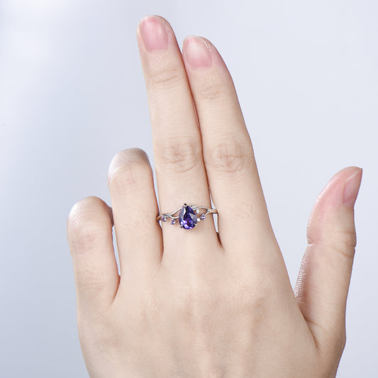 Vintage Pear Shaped Purple Sapphire Engagement Ring, Nature Inspired Leaf Twig Gold Ring, Accent Amethyst Split Shank Anniversary Ring - PENFINE