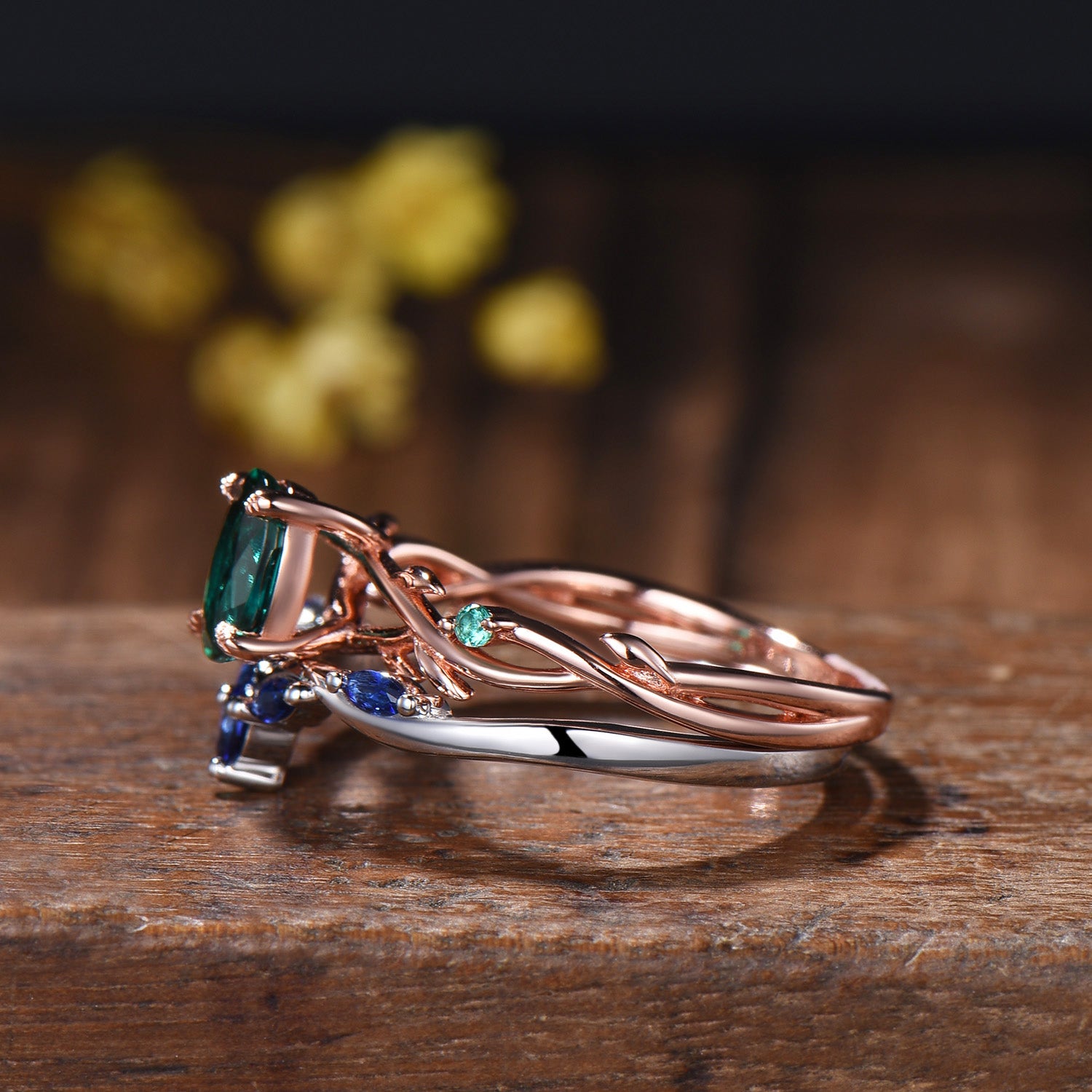 Emerald Engagement Ring Set with Blue Sapphire Wedding Band ¨C Leaf Vine Design