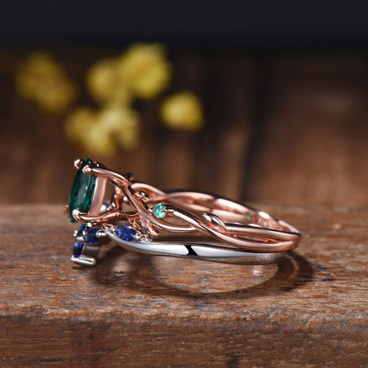 Emerald Engagement Ring Set with Blue Sapphire Wedding Band ¨C Leaf Vine Design