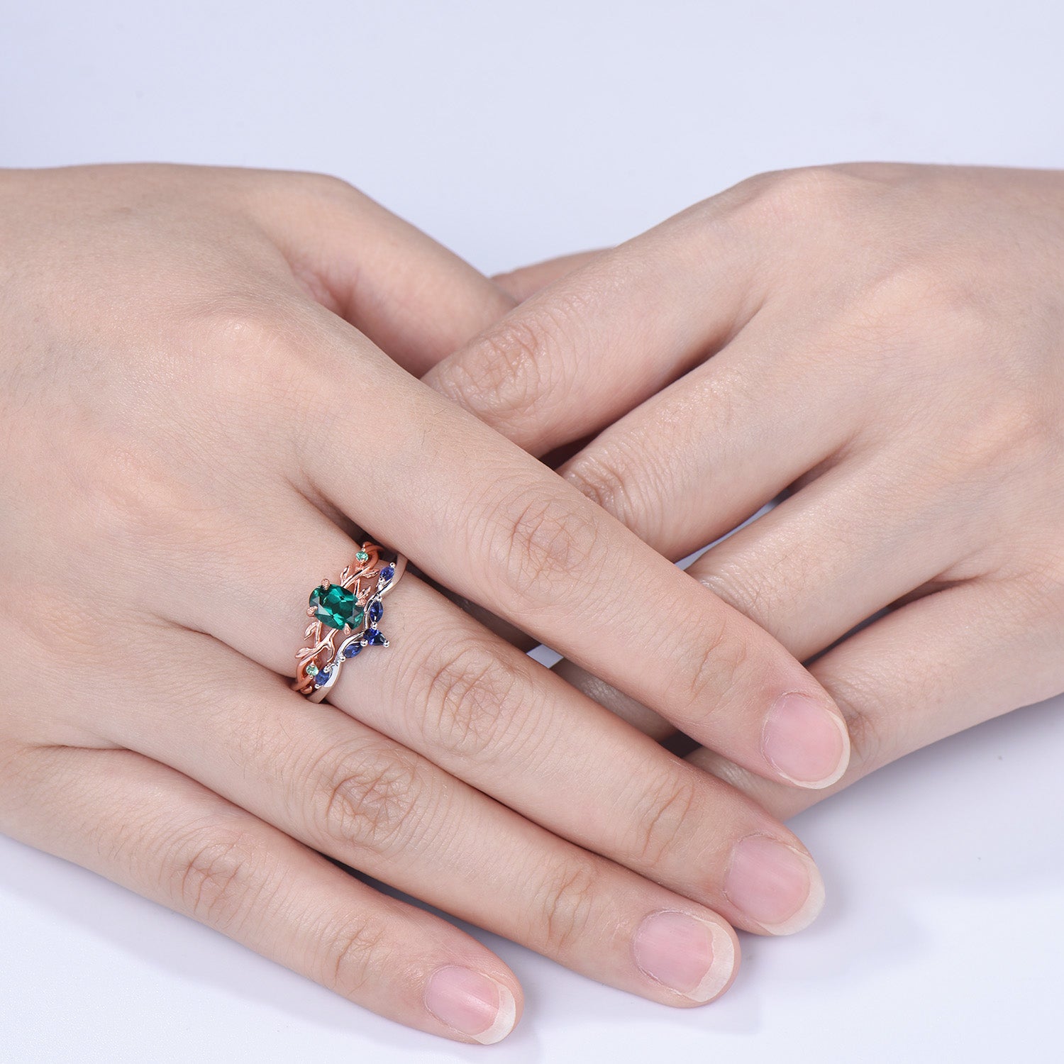 Emerald Engagement Ring Set with Blue Sapphire Wedding Band ¨C Leaf Vine Design