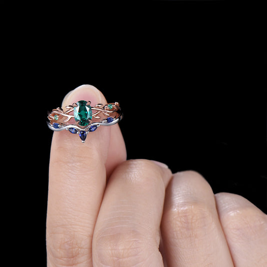 Emerald Engagement Ring Set with Blue Sapphire Wedding Band ¨C Leaf Vine Design