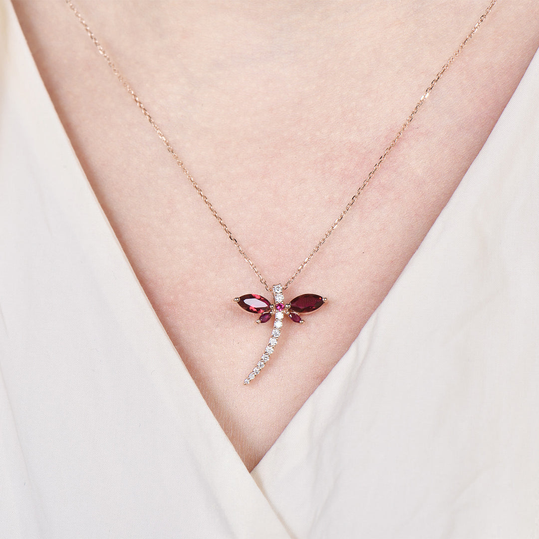 Vintage dragonfly necklace Unique lab red ruby necklace pendant cute silver 14k rose gold July birthstone pendant handmade proposal gifts - PENFINE