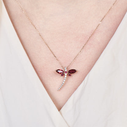 Vintage dragonfly necklace Unique lab red ruby necklace pendant cute silver 14k rose gold July birthstone pendant handmade proposal gifts - PENFINE