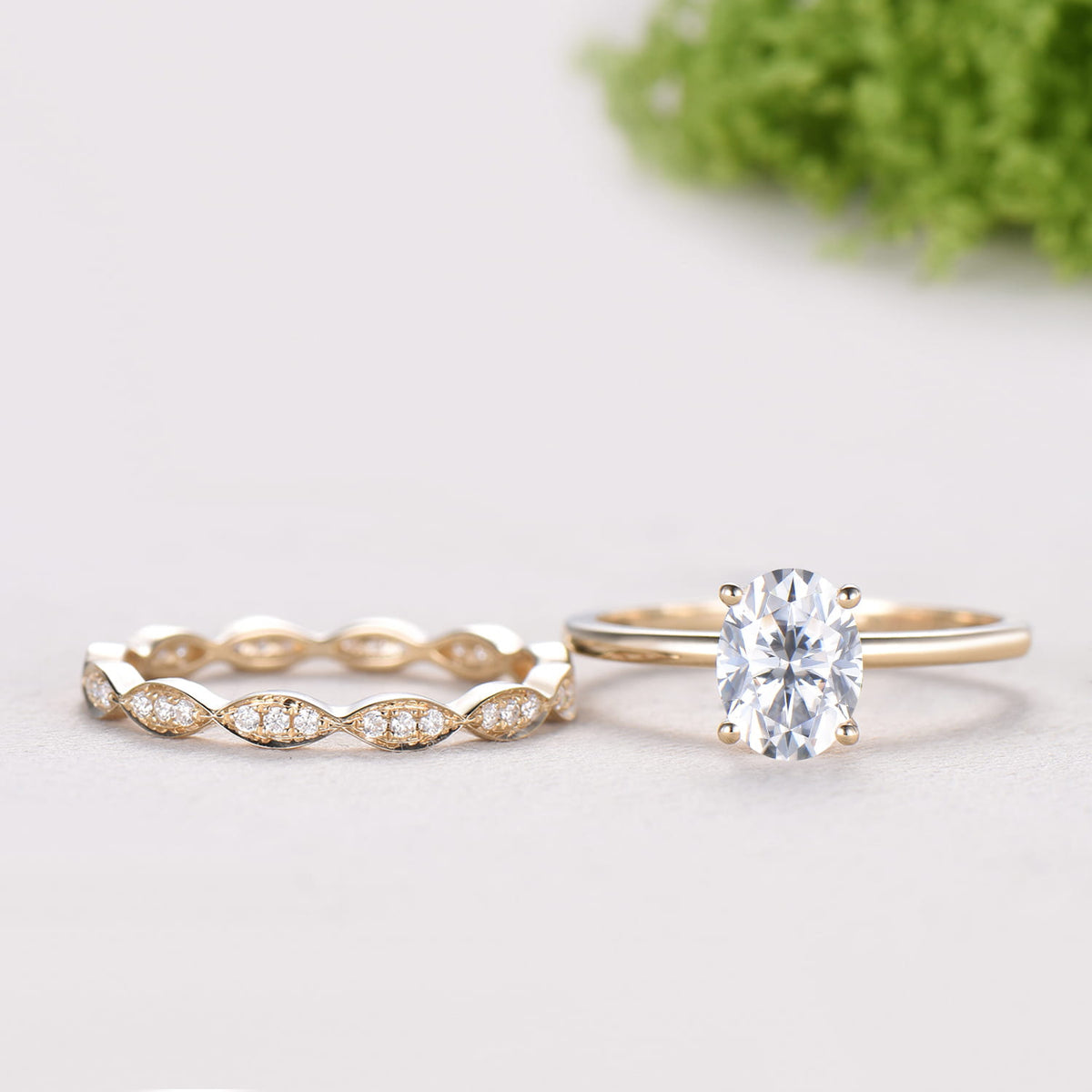 1.5CT Oval Moissanite Solitaire Engagement Ring Set Vintage 14K Gold Wedding Set Full Eternity Milgrain Band