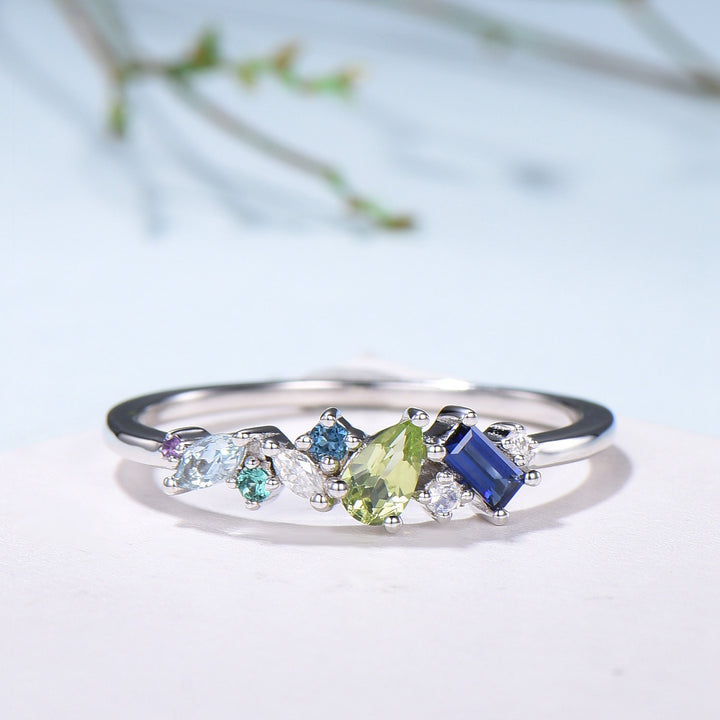 Multi-Gemstone Cluster Wedding Ring | Peridot, Amethyst, Topaz, Sapphire & Aquamarine - PENFINE