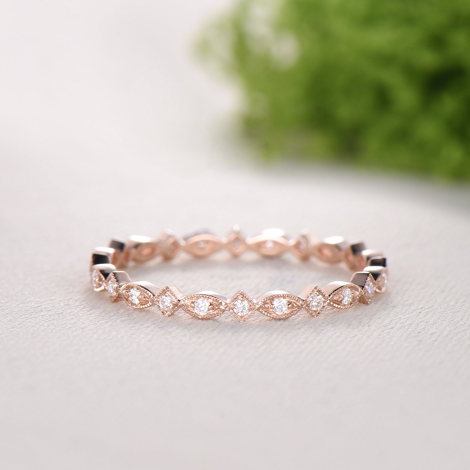 Art Deco Moissanite Diamond Wedding Band, Milgrain Stacking Ring, Vintage Anniversary Gift