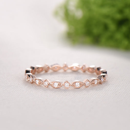 Art Deco Moissanite Diamond Wedding Band, Milgrain Stacking Ring, Vintage Anniversary Gift