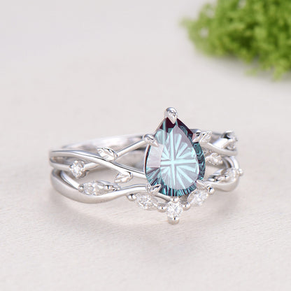 Pear Cut Starburst Alexandrite Engagement Ring Set | Twig Vine Color Change Stone Wedding Set